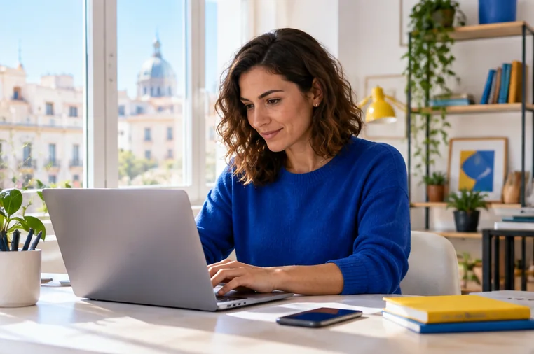 Web designer working on a laptop in a bright studio