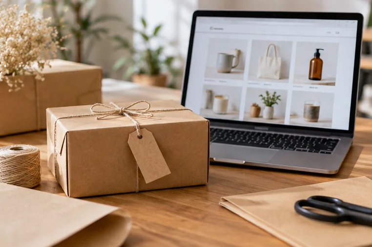 Online mağaza gösteren dizüstü bilgisayarın yanında el yapımı paket